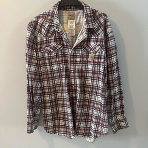 Carhartt Men’s American Flag Patch Plaid Pearl Snap Western Shirt XL